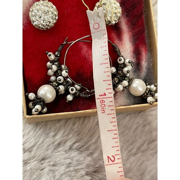 Black/White Beaded Hoop / White Rhinestone Round Dangle Earrings - 2 Pairs - Picture 11 of 12